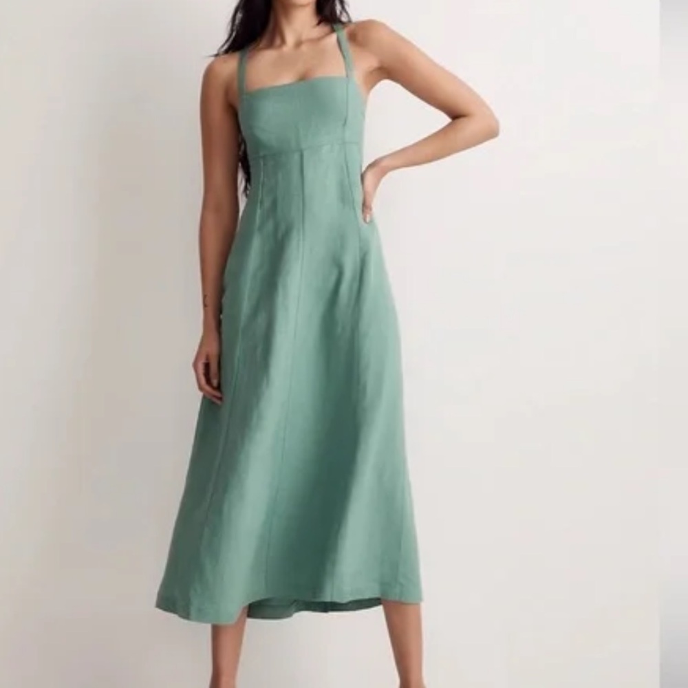 New Madewell Tie Back Squareneck linen viscose blend midi dress size 14 green